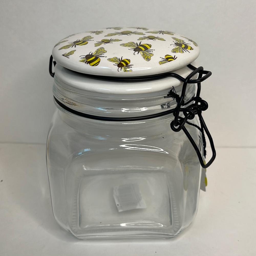 Glass jar Bail and trigger canister botanical bee print lid New storage farm